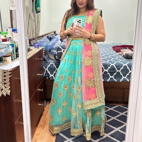 Ethnic Indian Wear Teal and Pink Dress with Gold Accents - Picture 1 of 1